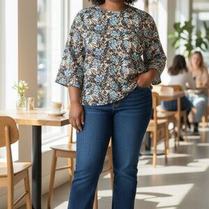 (B-40)Madison Grey Women’s Floral Blouse Size L Blue Black 3/4 Sleeve Casual Top